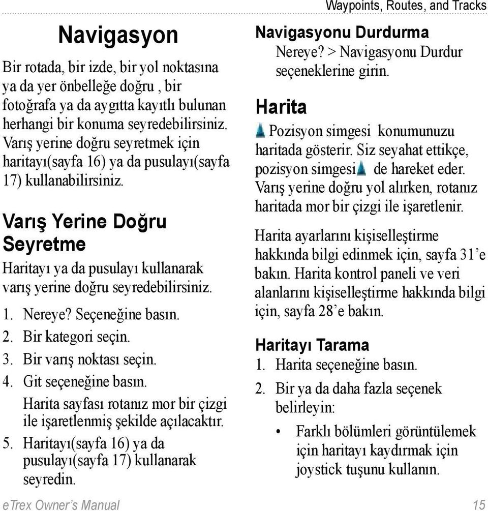 Seçeneğine basın. 2. Bir kategori seçin. 3. Bir varış noktası seçin. 4. Git seçeneğine basın. Harita sayfası rotanız mor bir çizgi ile işaretlenmiş şekilde açılacaktır. 5.