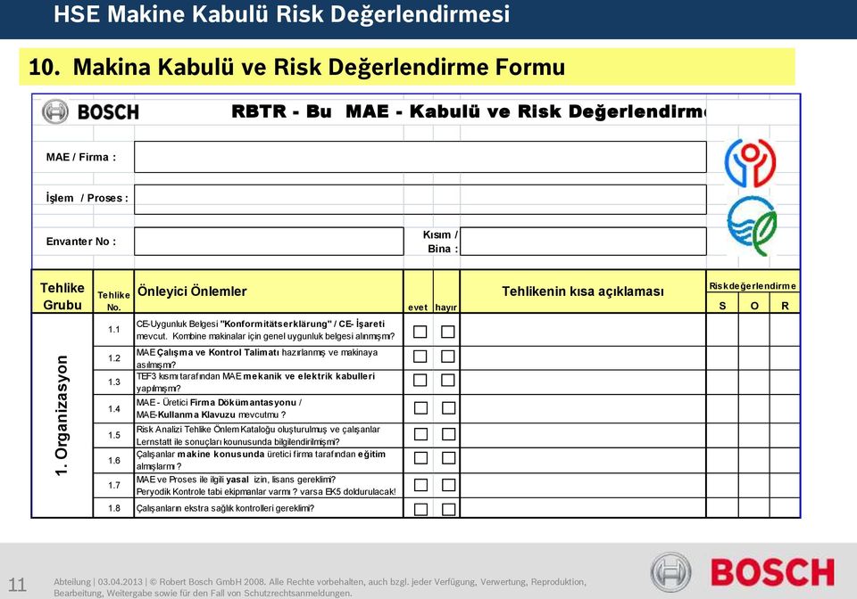 Kombine makinalar için genel uygunluk belgesi alınmışmı? 1.2 1.3 1.4 1.5 1.6 1.7 MAE Çalışma ve Kontrol Talimatı hazırlanmış ve makinaya asılmışmı?