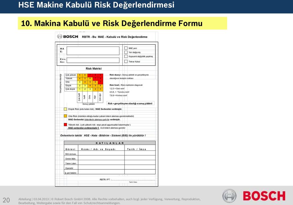 şiddeti ve gerçekleşme olasılığının kesişim noktası Risk Sınıfı : Risk matrisinin diagonali 1,2,3 = Sarı sınıf 4,5,6, = Turuncu sınıf 7,8,9 = Kırmızı sınıf Sonuç şiddeti Risk = gerçekleşme olasılığı