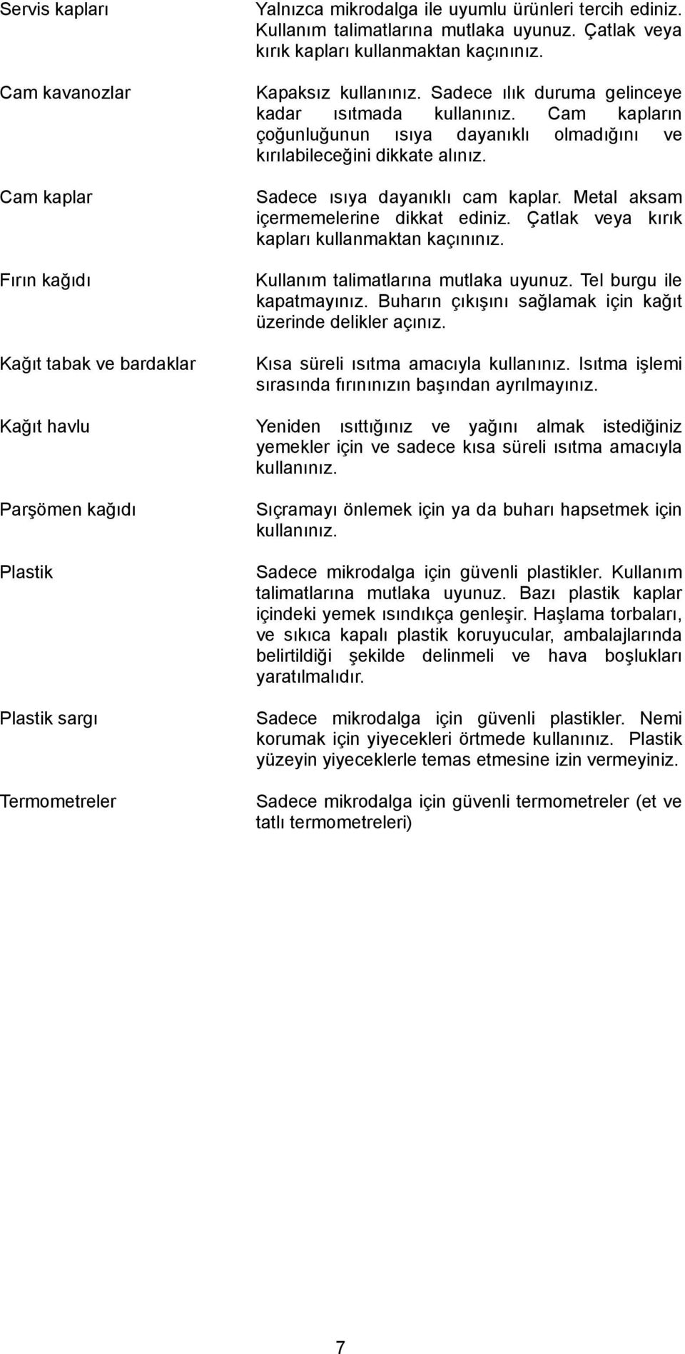 Cam kapların çoğunluğunun ısıya dayanıklı olmadığını ve kırılabileceğini dikkate alınız. Sadece ısıya dayanıklı cam kaplar. Metal aksam içermemelerine dikkat ediniz.