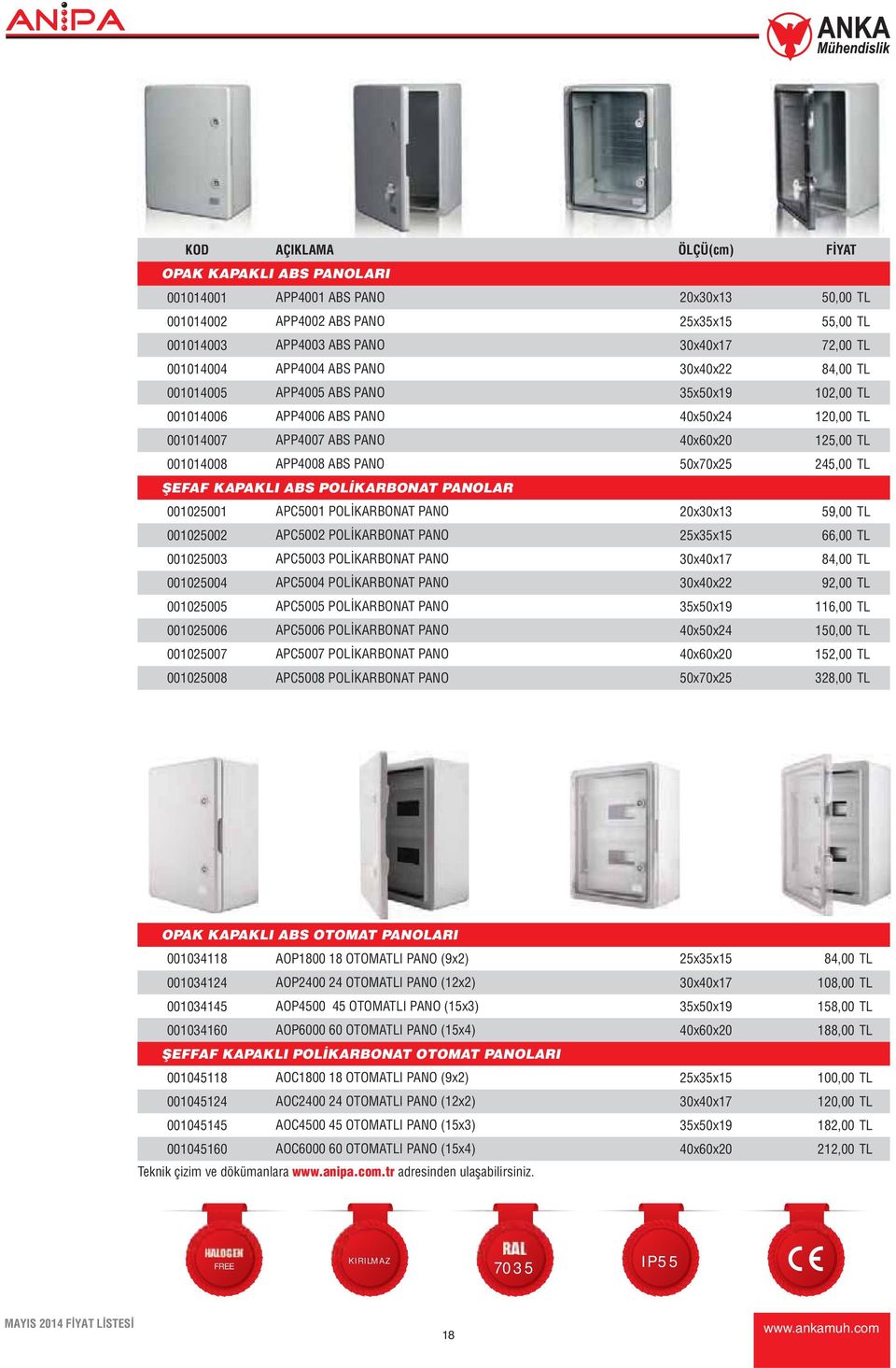 50x70x25 245,00 TL ŞEFAF KAPAKLI ABS POLİKARBONAT PANOLAR 001025001 APC5001 POLİKARBONAT PANO 20x30x13 59,00 TL 001025002 APC5002 POLİKARBONAT PANO 25x35x15 66,00 TL 001025003 APC5003 POLİKARBONAT