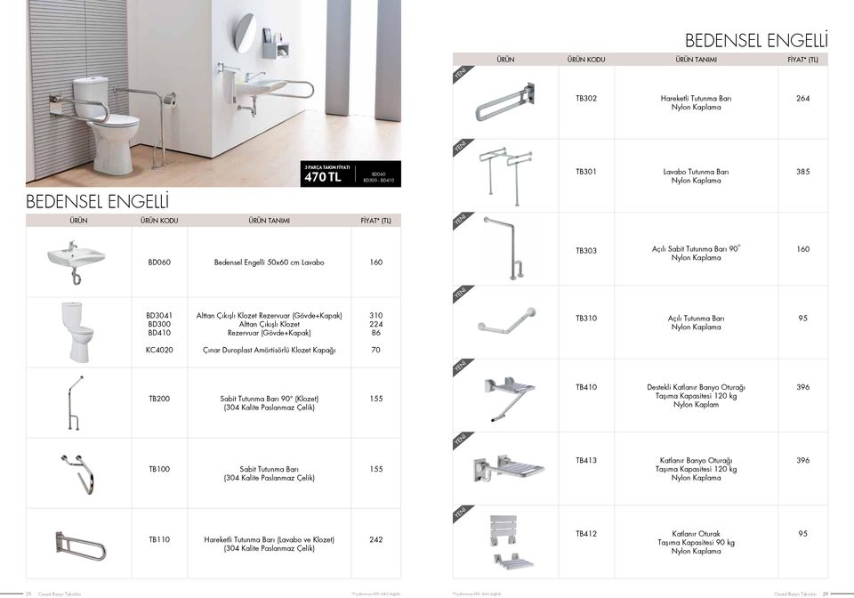 TB310 Açılı Tutunma Barı Nylon Kaplama 95 KC4020 Çınar Duroplast Amörtisörlü Klozet Kapağı 70 TB200 Sabit Tutunma Barı 90 (Klozet) (304 Kalite Paslanmaz Çelik) 155 TB410 Destekli Katlanır Banyo