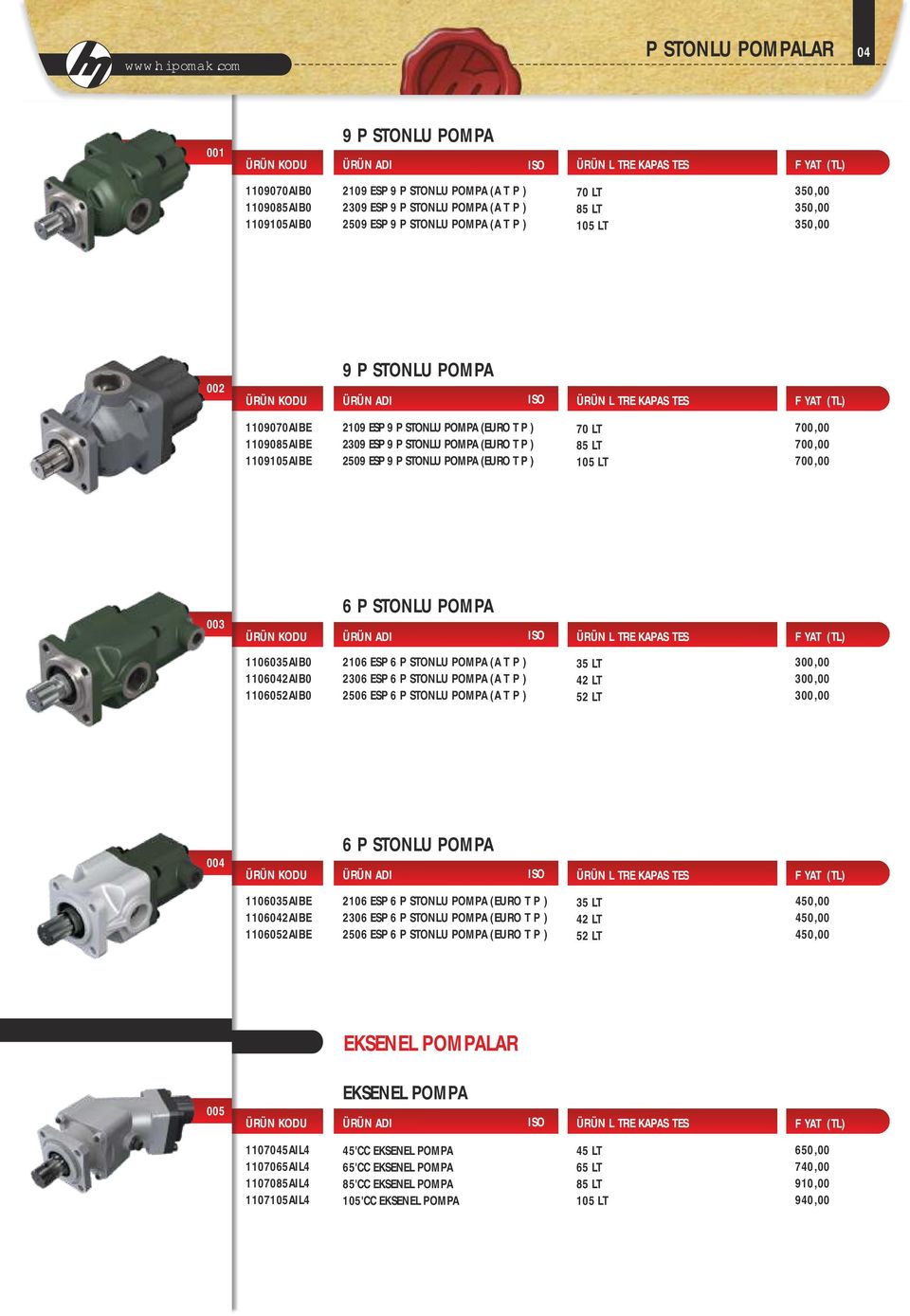 TİPİ) 70 LT 85 LT 105 LT 700,00 700,00 700,00 003 6 PİSTONLU POMPA ISO 1106035AIB0 1106042AIB0 1106052AIB0 2106 ESP 6 PİSTONLU POMPA (A TİPİ) 2306 ESP 6 PİSTONLU POMPA (A TİPİ) 2506 ESP 6 PİSTONLU