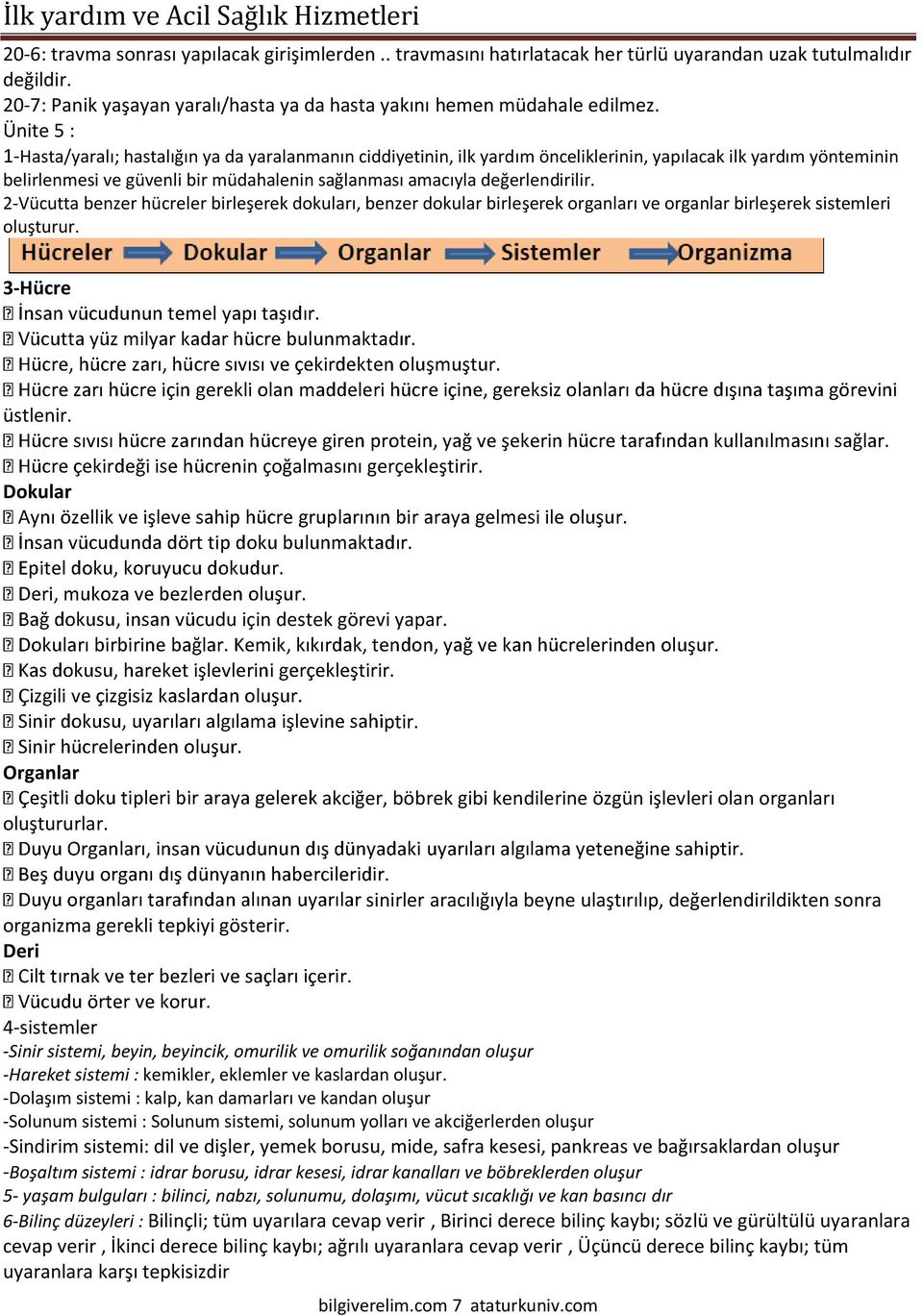 değerlendirilir. 2-Vücutta benzer hücreler birleşerek dokuları, benzer dokular birleşerek organları ve organlar birleşerek sistemleri oluşturur. 3-Hücre üstlenir.