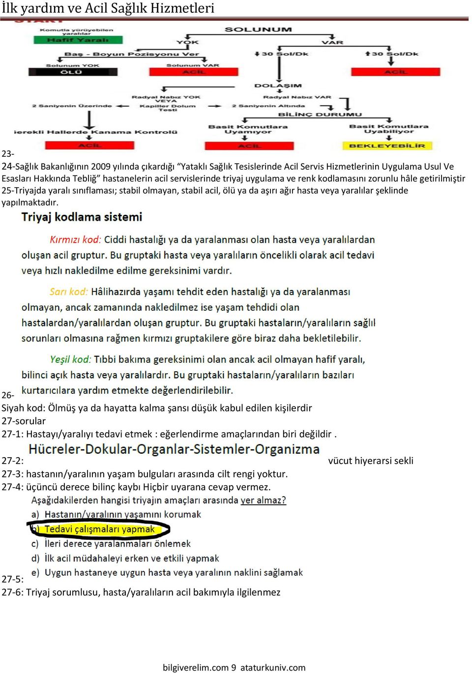 26- Siyah kod: Ölmüş ya da hayatta kalma şansı düşük kabul edilen kişilerdir 27-sorular 27-1: Hastayı/yaralıyı tedavi etmek : eğerlendirme amaçlarından biri değildir.