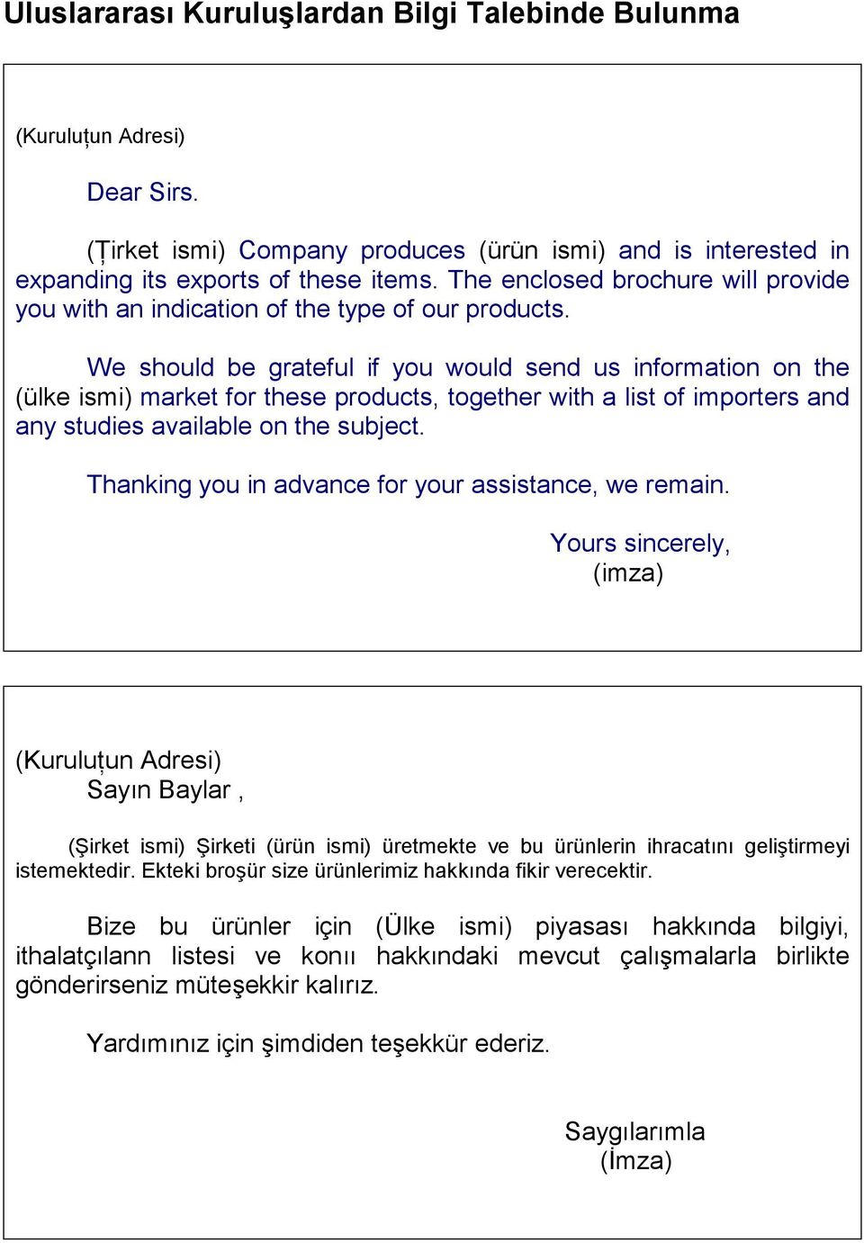 We should be grateful if you would send us information on the (ülke ismi) market for these products, together with a list of importers and any studies available on the subject.