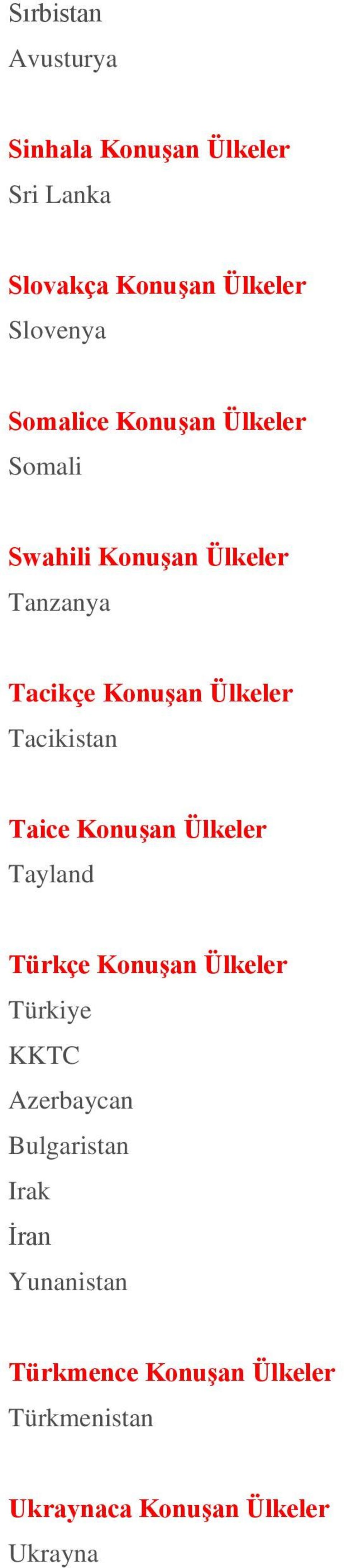 Tacikistan Taice Konuşan Ülkeler Tayland Türkçe Konuşan Ülkeler Türkiye KKTC Azerbaycan