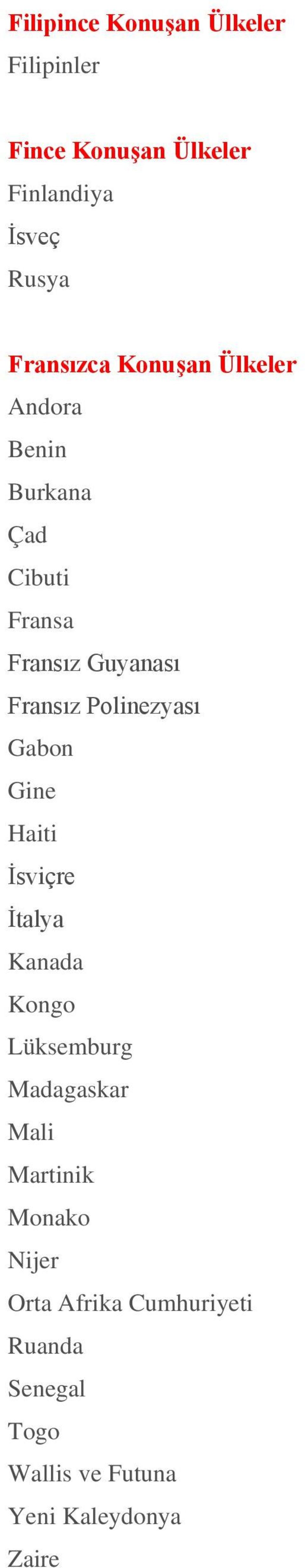 Polinezyası Gabon Gine Haiti İsviçre İtalya Kanada Kongo Lüksemburg Madagaskar Mali