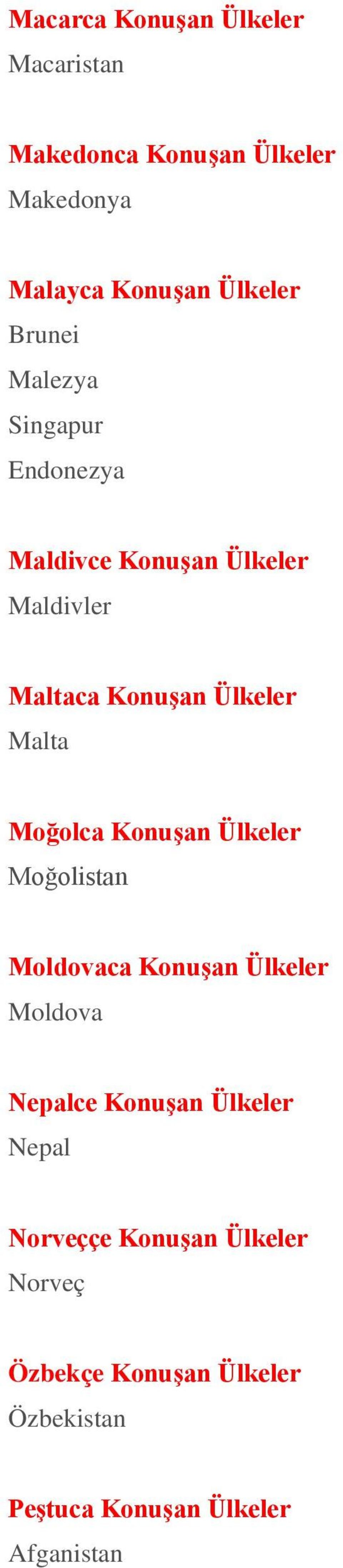 Moğolca Konuşan Ülkeler Moğolistan Moldovaca Konuşan Ülkeler Moldova Nepalce Konuşan Ülkeler Nepal