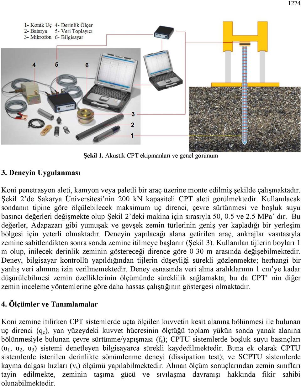 Kullanılacak sondanın tipine göre ölçülebilecek maksimum uç direnci, çevre sürtünmesi ve boşluk suyu basıncı değerleri değişmekte olup Şekil 2 deki makina için sırasıyla 50, 0.5 ve 2.5 MPa dır.