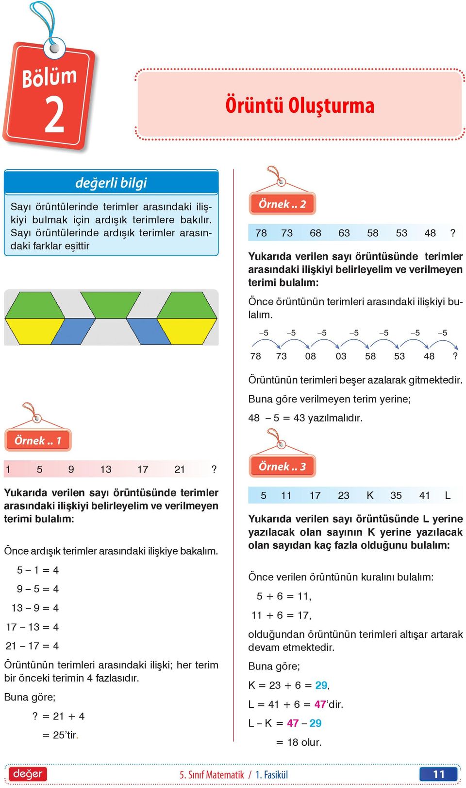 5 5 5 5 5 5 5 78 7 08 0 58 5 48? Örüntünün terimleri eşer azalarak gitmektedir. Buna göre verilmeyen terim yerine; 48 5 = 4 yazılmalıdır. Örnek.. 1 1 5 9 1 17 21?