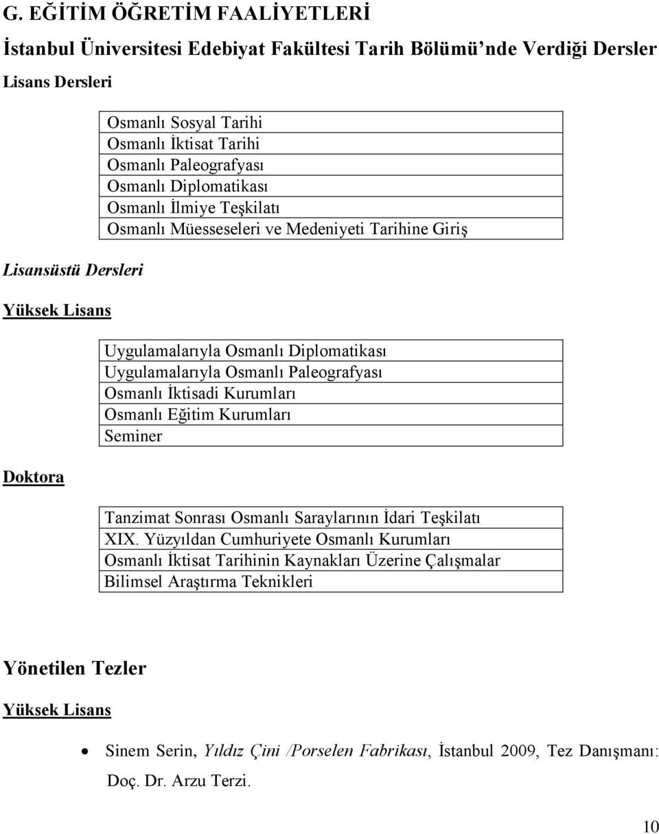 Osmanlı Paleografyası Osmanlı İktisadi Kurumları Osmanlı Eğitim Kurumları Seminer Tanzimat Sonrası Osmanlı Saraylarının İdari Teşkilatı XIX.