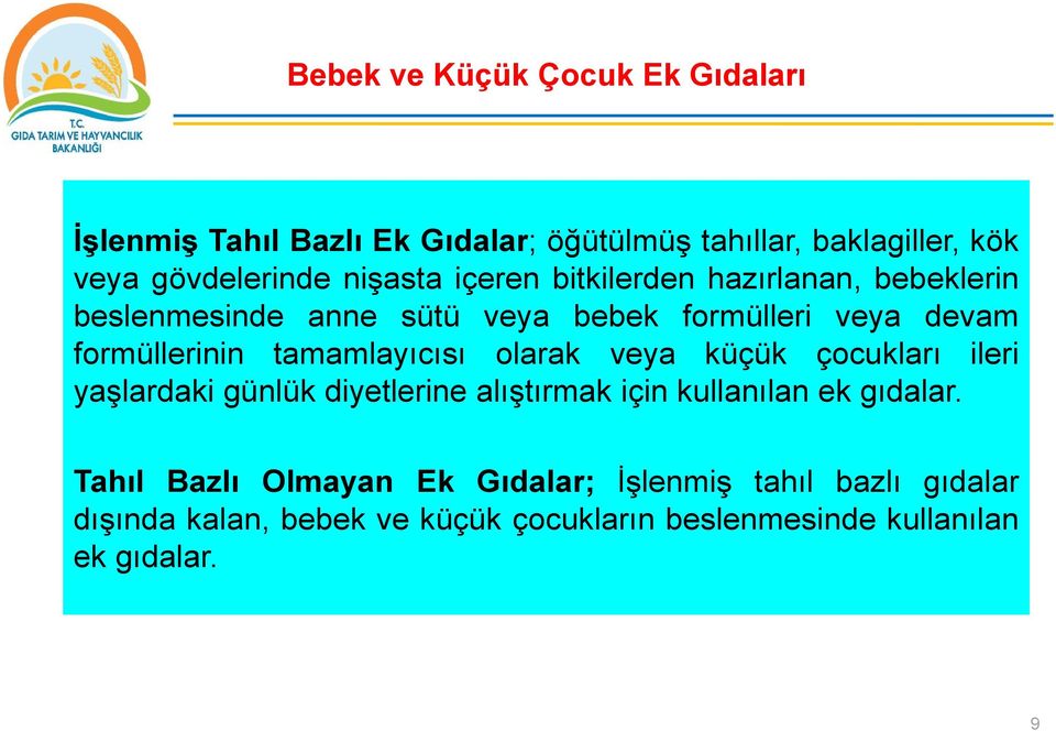 tamamlayıcısı olarak veya küçük çocukları ileri yaşlardaki günlük diyetlerine alıştırmak için kullanılan ek gıdalar.