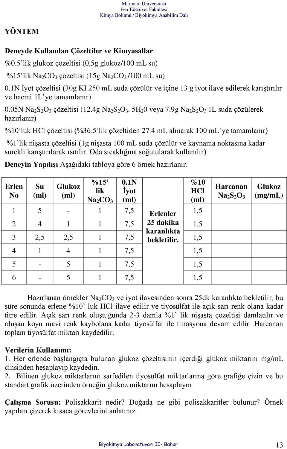 9g Na 2 S 2 O 3 1L suda çözülerek hazırlanır) %10 luk HCl çözeltisi (%36.5 lik çözeltiden 27.