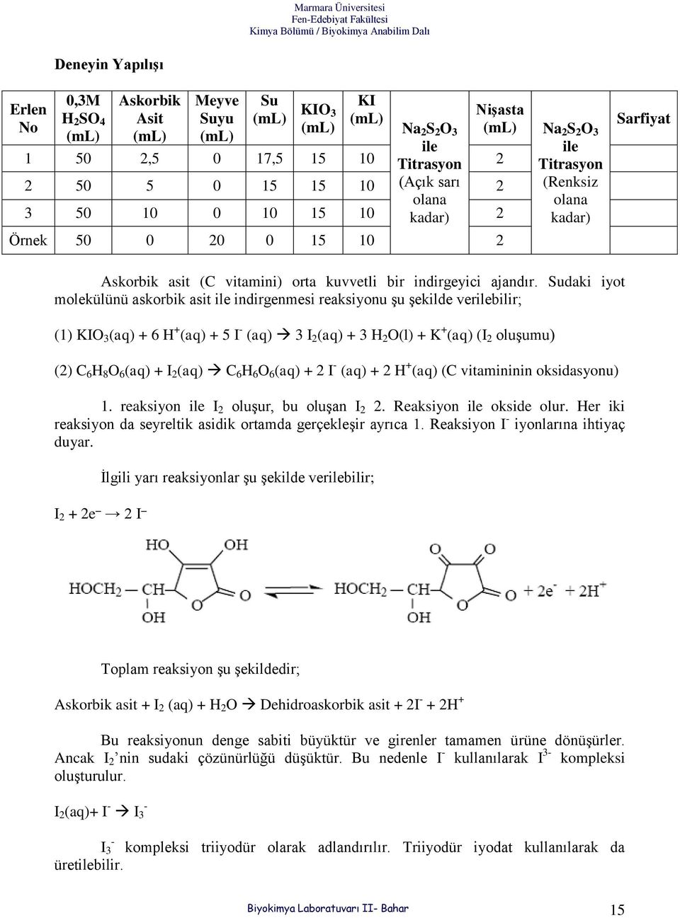 Sudaki iyot molekülünü askorbik asit ile indirgenmesi reaksiyonu şu şekilde verilebilir; (1) KIO 3 (aq) + 6 H + (aq) + 5 I - (aq) 3 I 2 (aq) + 3 H 2 O(l) + K + (aq) (I 2 oluşumu) (2) C 6 H 8 O 6 (aq)