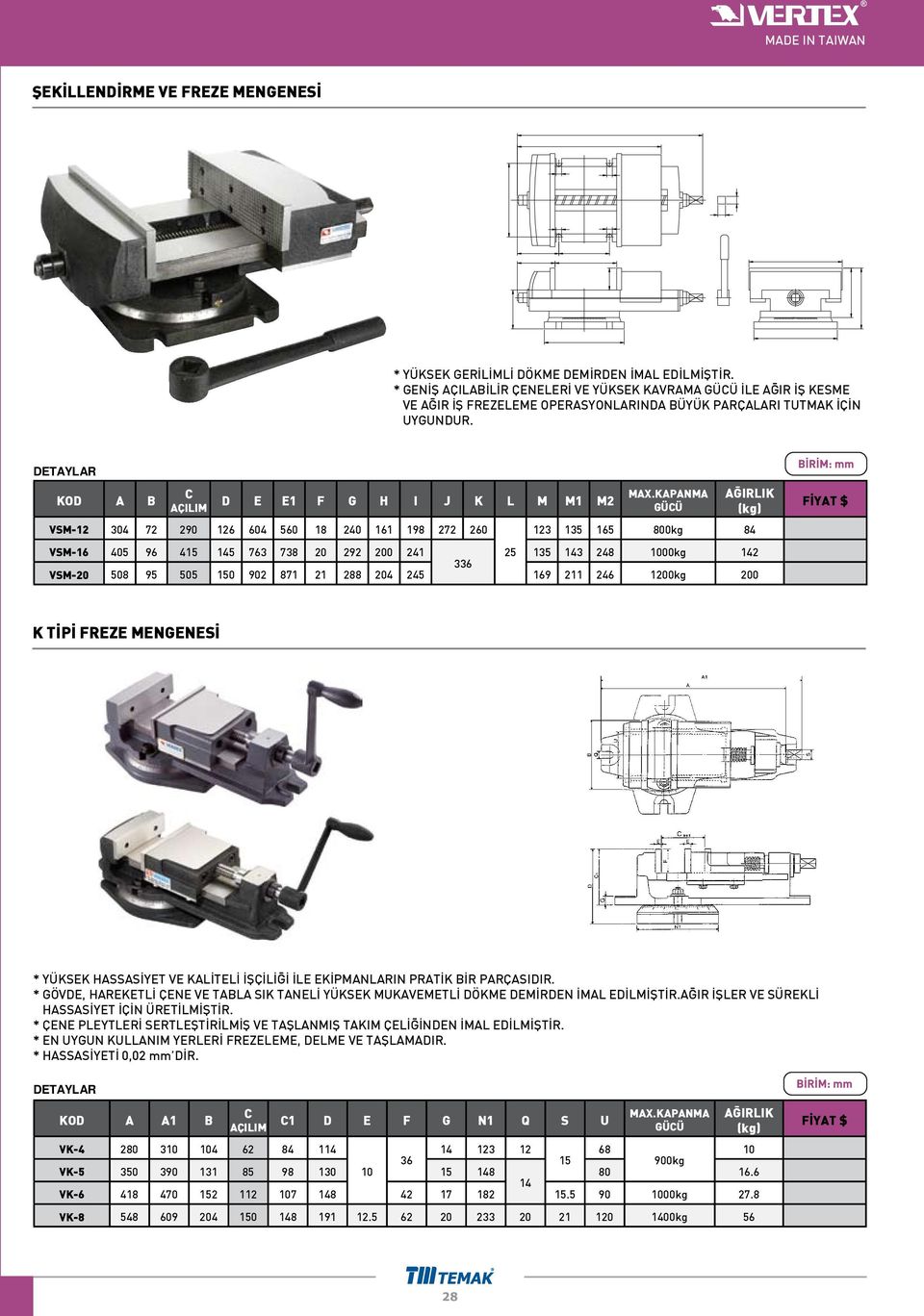KAPANMA GÜCÜ VSM-12 304 72 290 126 604 560 18 240 161 198 272 260 123 135 165 800kg 84 VSM-16 405 96 415 145 763 738 20 292 200 241 25 135 143 248 1000kg 142 336 VSM-20 508 95 505 150 902 871 21 288
