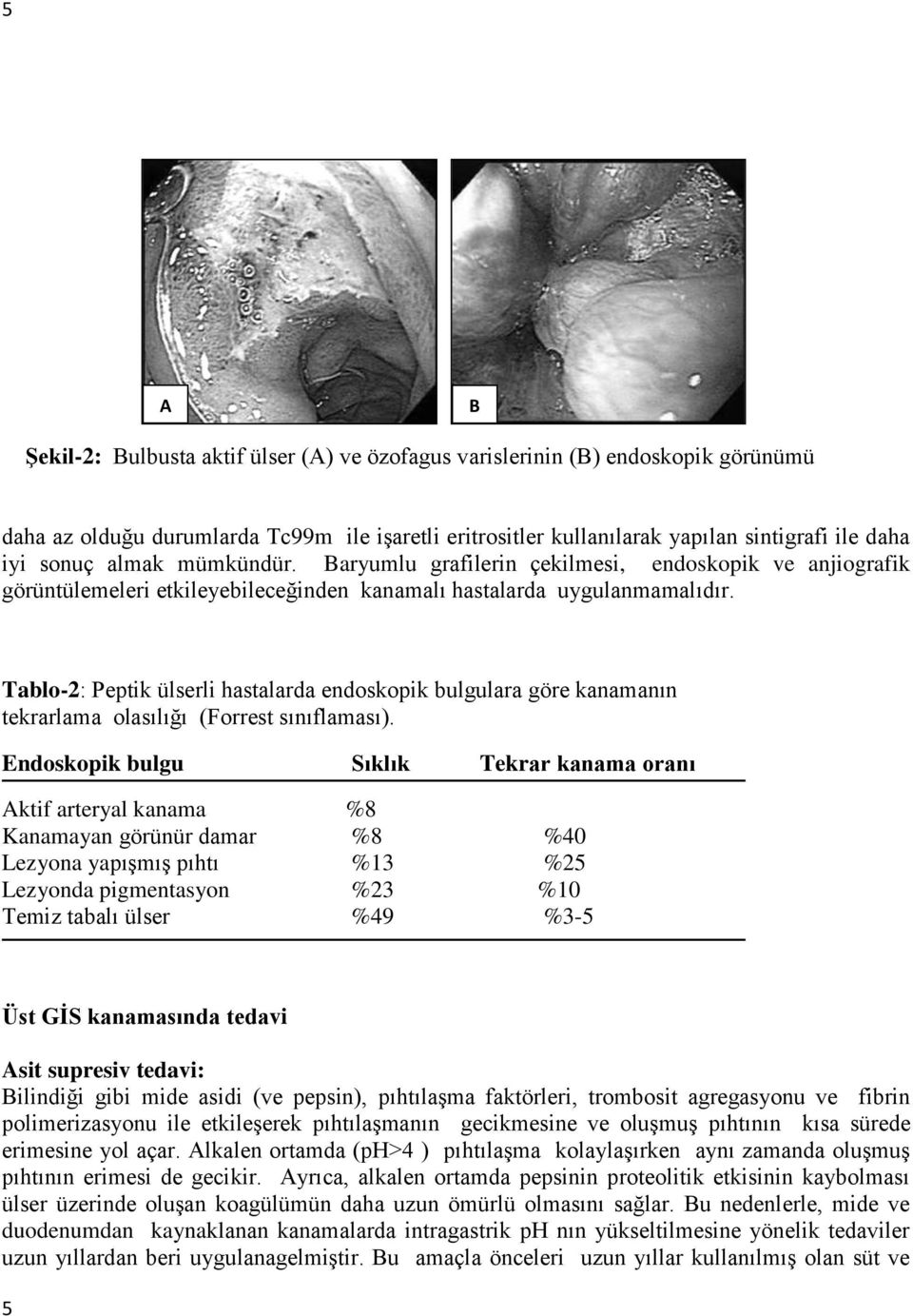 Tablo-2: Peptik ülserli hastalarda endoskopik bulgulara göre kanamanın tekrarlama olasılığı (Forrest sınıflaması).