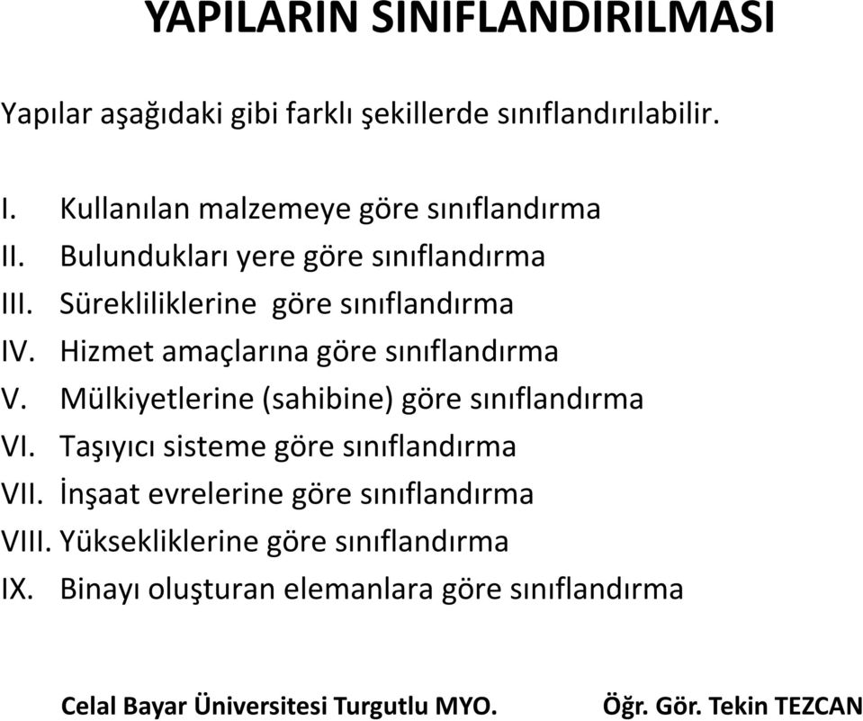 Sürekliliklerine göre sınıflandırma IV. Hizmet amaçlarına göre sınıflandırma V.