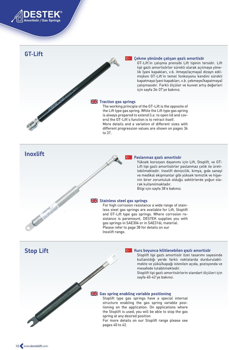 Traction gas springs The working principle of the GT-Lift is the opposite of the Lift type gas spring. While the Lift type gas spring is always prepared to extend (i.e. to open lid and covers) the GT-Lift s function is to retract itself.