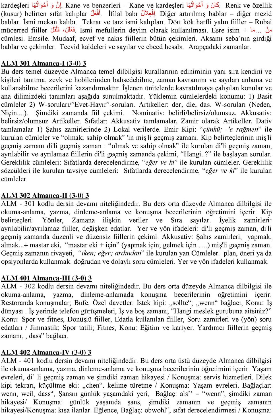 Mudaaf, ecvef ve nakıs fiillerin bütün çekimleri. Aksamı seba nın girdiği bablar ve çekimler. Tecvid kaideleri ve sayılar ve ebced hesabı. Arapçadaki zamanlar.