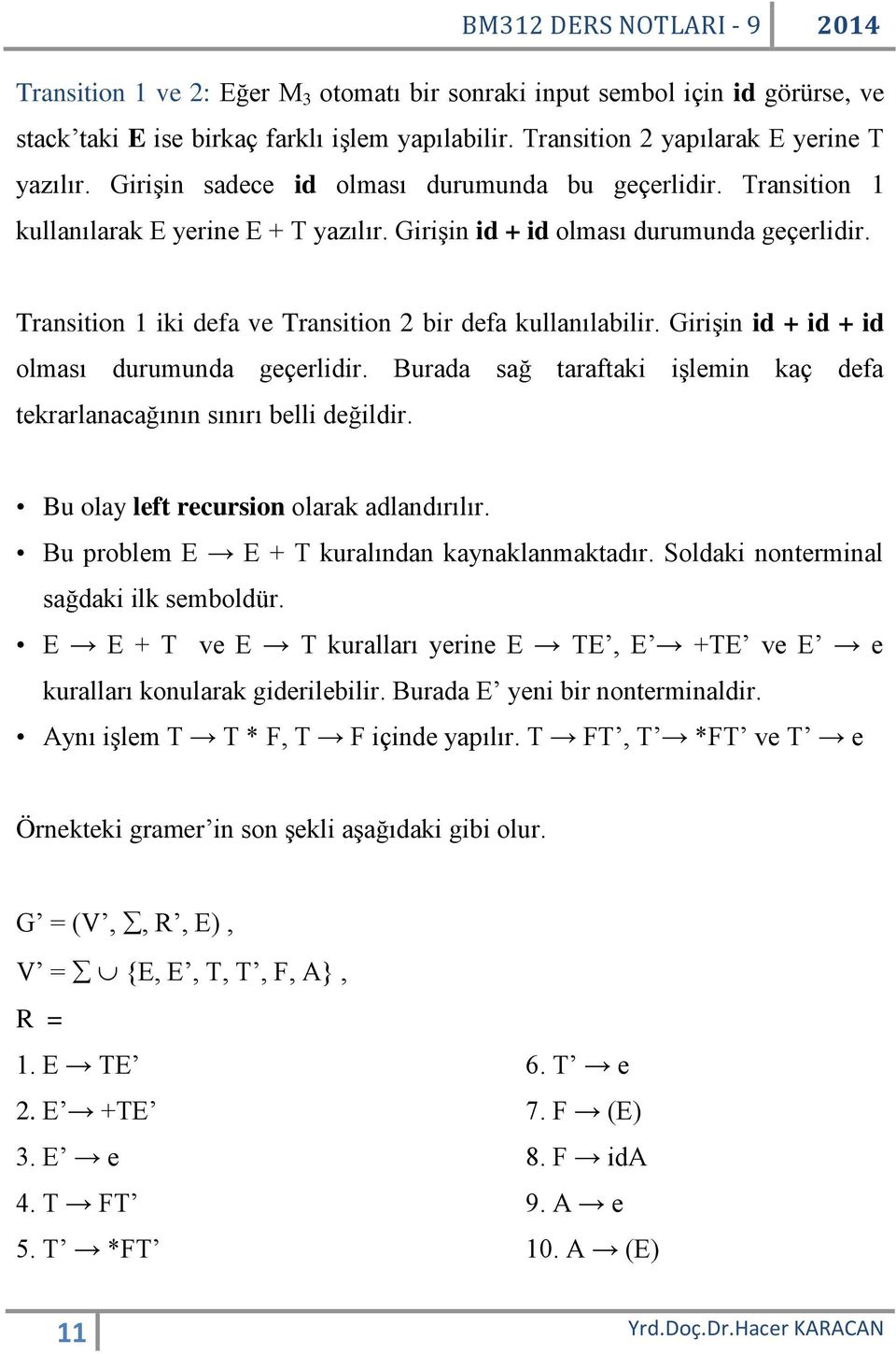 Transition 1 iki defa ve Transition 2 bir defa kullanılabilir. Girişin id + id + id olması durumunda geçerlidir. Burada sağ taraftaki işlemin kaç defa tekrarlanacağının sınırı belli değildir.