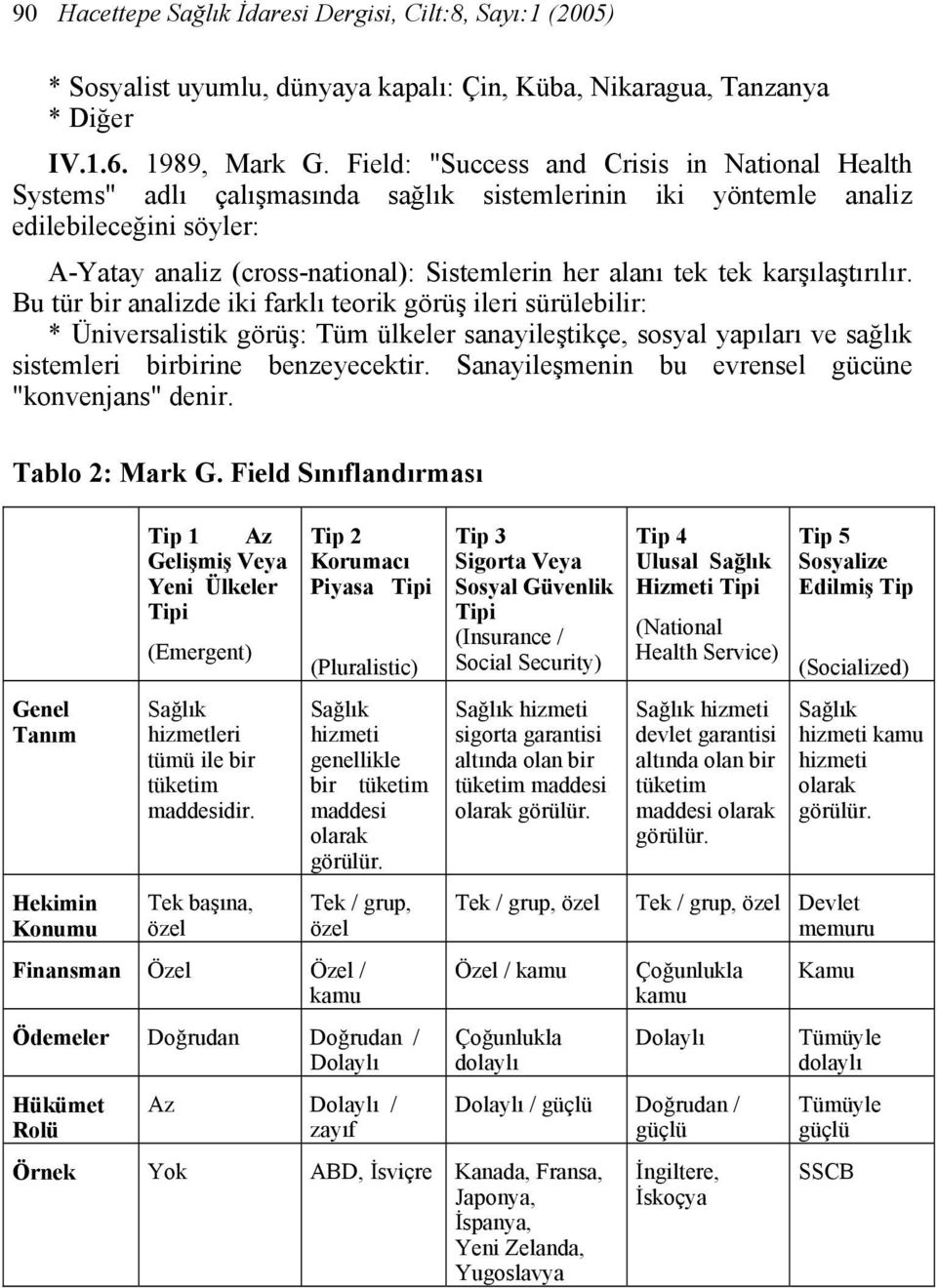 tek karşılaştırılır. Bu tür bir analizde iki farklı teorik görüş ileri sürülebilir: * Üniversalistik görüş: Tüm ülkeler sanayileştikçe, sosyal yapıları ve sağlık sistemleri birbirine benzeyecektir.