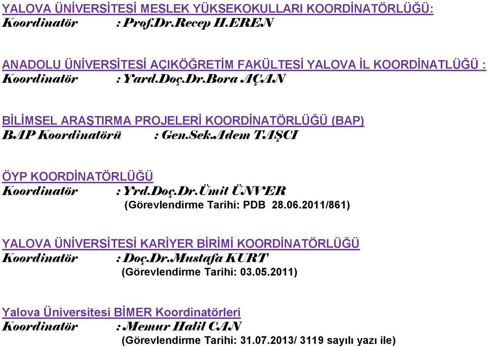 Bora AÇAN BİLİMSEL ARAŞTIRMA PROJELERİ KOORDİNATÖRLÜĞÜ (BAP) BAP Koordinatörü : Gen.Sek.Adem TAŞCI ÖYP KOORDİNATÖRLÜĞÜ Koordinatör : Yrd.Doç.Dr.