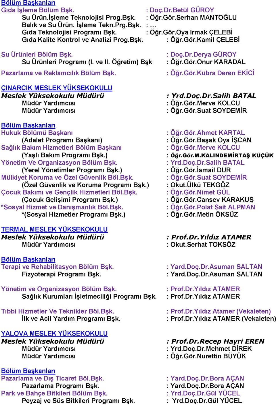 ÇINARCIK MESLEK YÜKSEKOKULU Meslek Yüksekokulu Müdürü Hukuk Bölümü Başkanı (Adalet Programı Başkanı) Sağlık Bakım Hizmetleri Bölüm Başkanı (Yaşlı Bakım Programı Bşk.