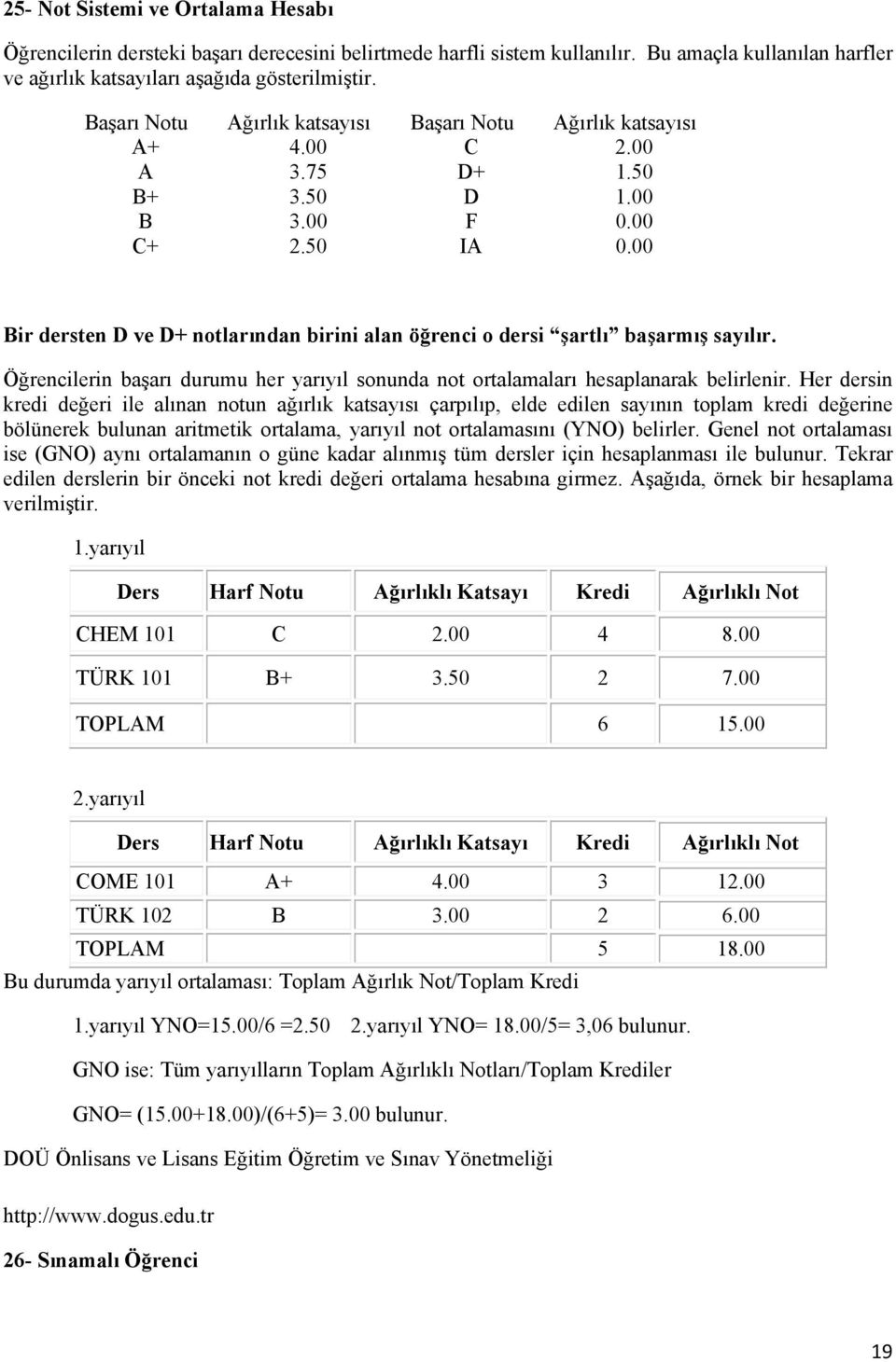 00 Bir dersten D ve D+ notlarından birini alan öğrenci o dersi şartlı başarmış sayılır. Öğrencilerin başarı durumu her yarıyıl sonunda not ortalamaları hesaplanarak belirlenir.