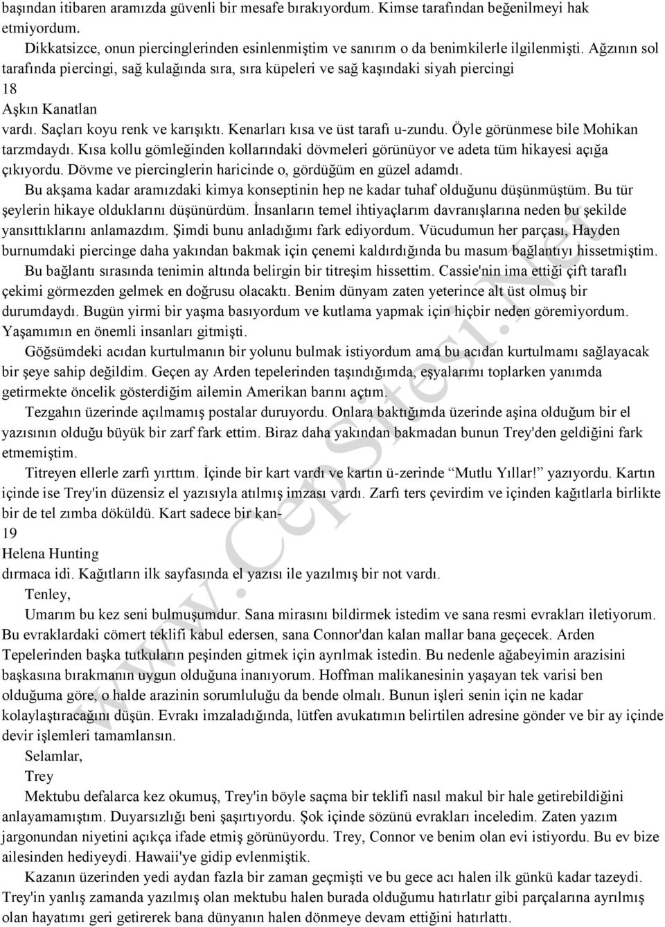 Öyle görünmese bile Mohikan tarzmdaydı. Kısa kollu gömleğinden kollarındaki dövmeleri görünüyor ve adeta tüm hikayesi açığa çıkıyordu. Dövme ve piercinglerin haricinde o, gördüğüm en güzel adamdı.