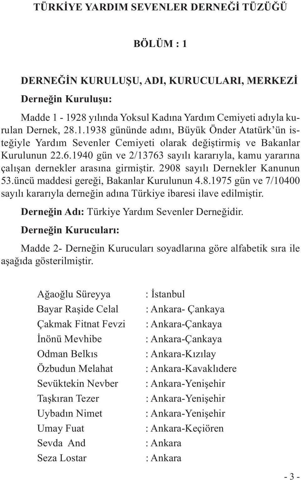 Derneğin Adı: Türkiye Yardım Sevenler Derneğidir. Derneğin Kurucuları: Madde 2- Derneğin Kurucuları soyadlarına göre alfabetik sıra ile aşağıda gösterilmiştir.