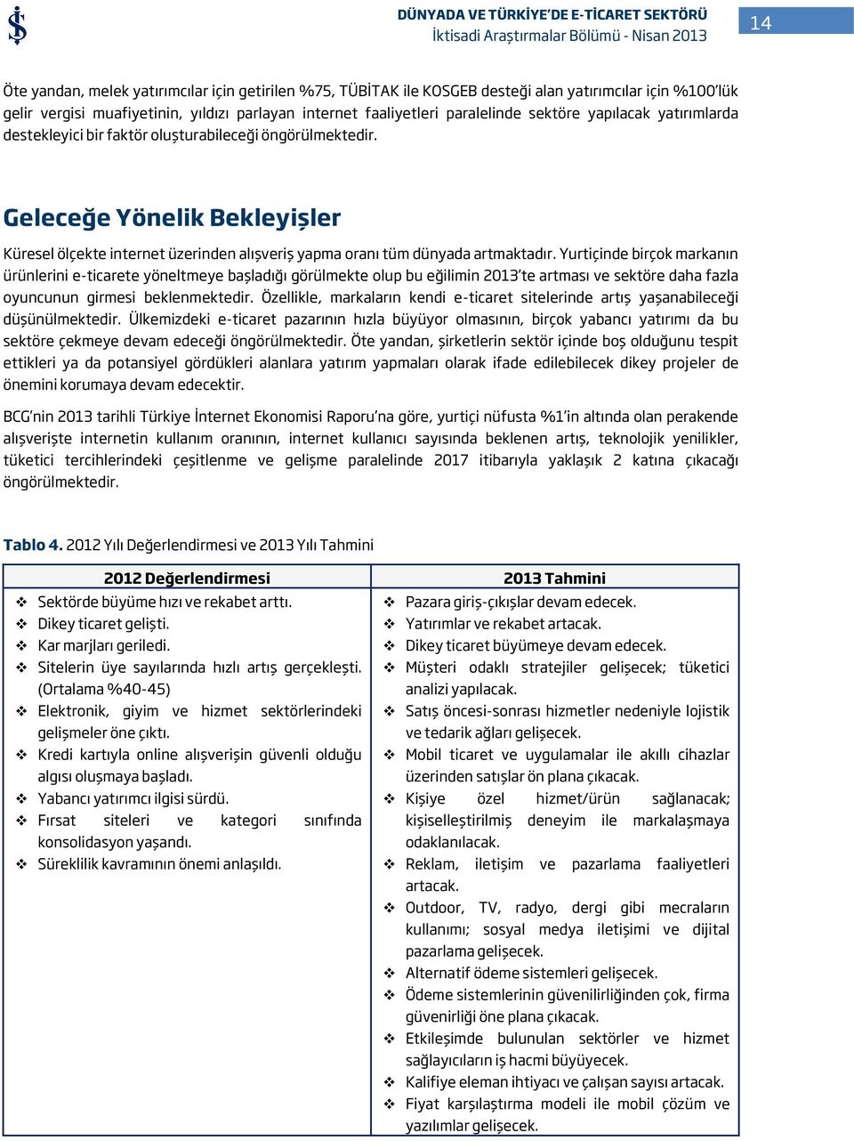 Yurtiçinde birçok markanın ürünlerini e-ticarete yöneltmeye başladığı görülmekte olup bu eğilimin 2013 te artması ve sektöre daha fazla oyuncunun girmesi beklenmektedir.