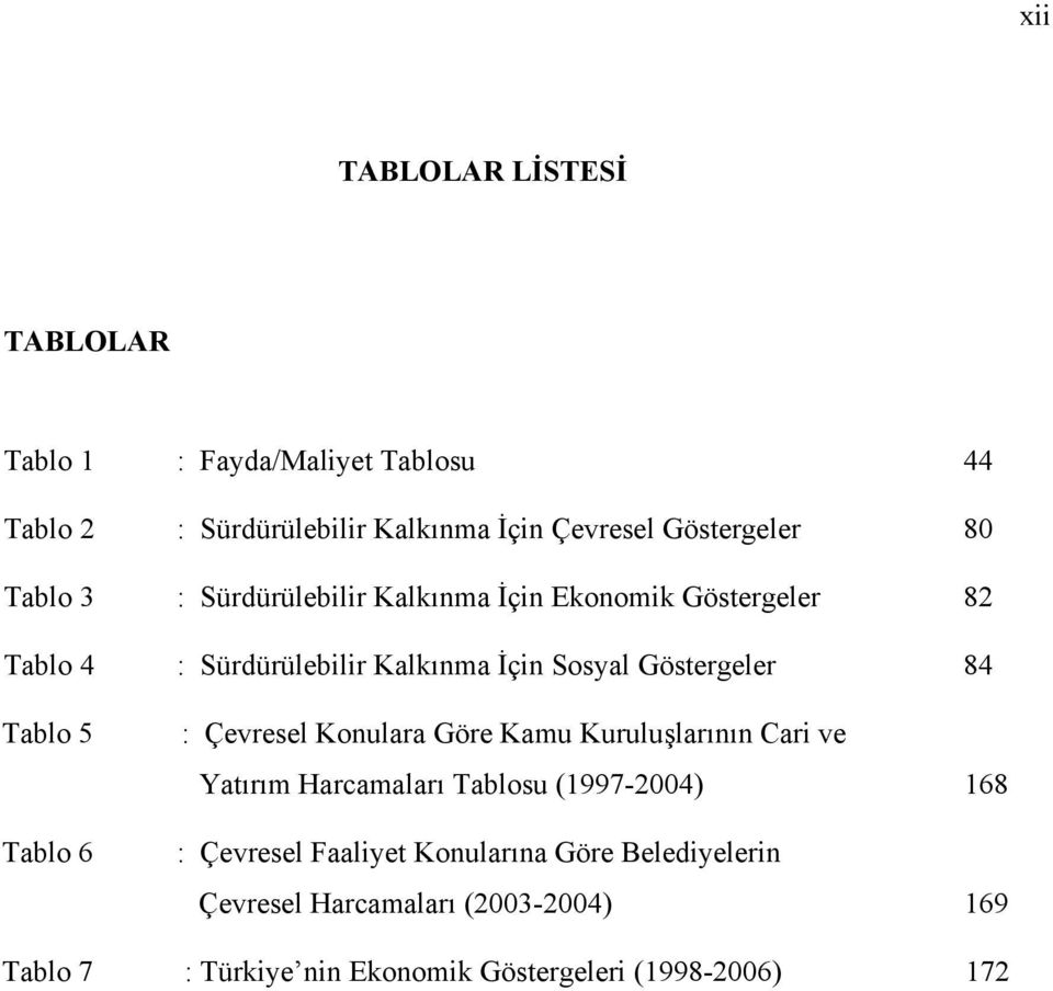 Tablo 5 Tablo 6 : Çevresel Konulara Göre Kamu Kuruluşlarının Cari ve Yatırım Harcamaları Tablosu (1997-2004) 168 : Çevresel