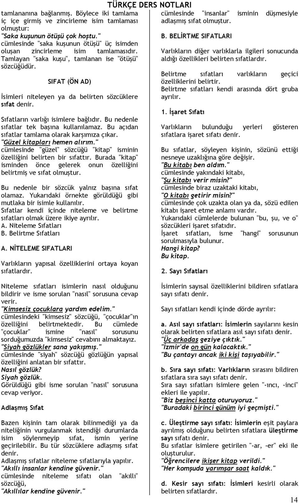 SIFAT (ÖN AD) İsimleri niteleyen ya da belirten sözcüklere sıfat denir. Sıfatların varlığı isimlere bağlıdır. Bu nedenle sıfatlar tek başına kullanılamaz.