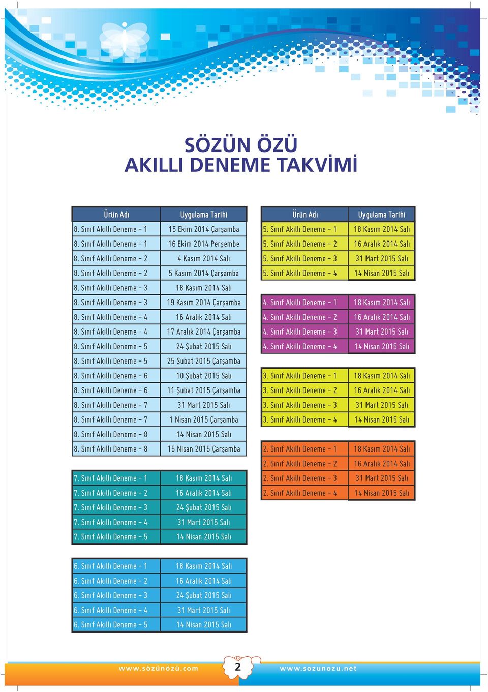 Sýnýf Akýllý Deneme - 2 5 Kasým 2014 Çarþamba 5. Sýnýf Akýllý Deneme - 4 14 Nisan 2015 Salý 8. Sýnýf Akýllý Deneme - 3 18 Kasým 2014 Salý 8. Sýnýf Akýllý Deneme - 3 19 Kasým 2014 Çarþamba 4.