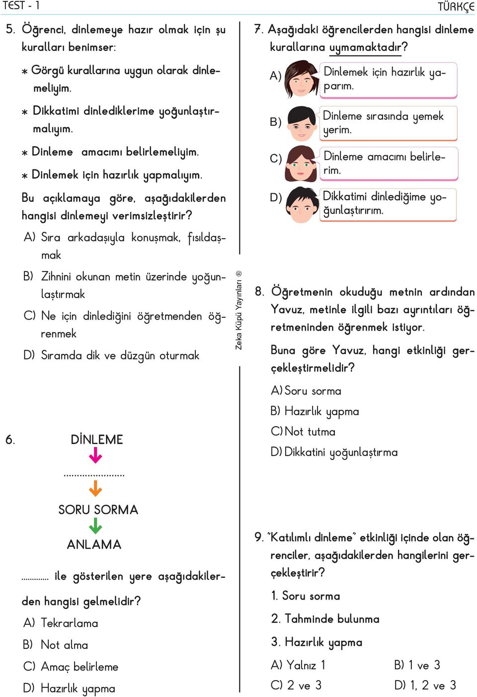 A) B) C) D) Dinlemek için hazırlık yaparım. Dinleme sırasında yemek yerim. Dinleme amacımı belirlerim.