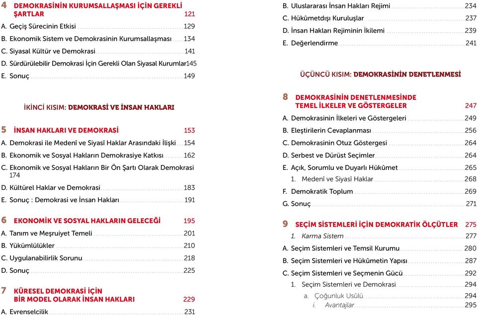 Değerlendirme...241 ÜÇÜNCÜ KISIM: DEMOKRASININ DENETLENMESI İKINCI KISIM: DEMOKRASI VE İNSAN HAKLARI 5 İNSAN HAKLARI VE DEMOKRASI 153 A. Demokrasi ile Medenî ve Siyasî Haklar Arasındaki İlişki...154 B.