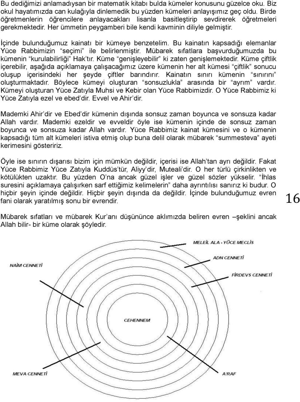 İçinde bulunduğumuz kainatı bir kümeye benzetelim. Bu kainatın kapsadığı elemanlar Yüce Rabbimizin seçimi ile belirlenmiştir. Mübarek sıfatlara başvurduğumuzda bu kümenin kurulabilirliği Hak tır.