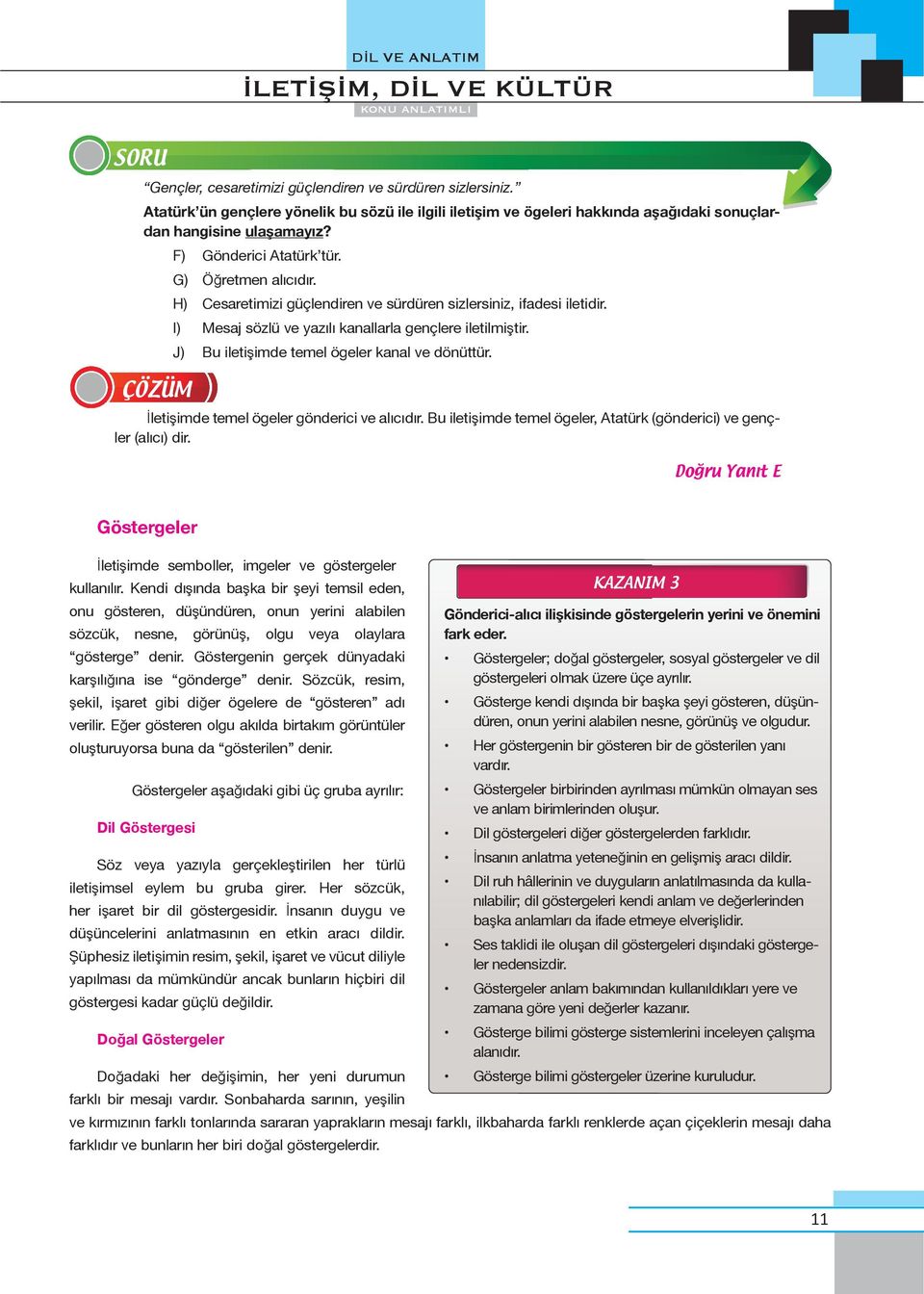 H) Cesaretimizi güçlendiren ve sürdüren sizlersiniz, ifadesi iletidir. I) Mesaj sözlü ve yazılı kanallarla gençlere iletilmiştir. J) Bu iletişimde temel ögeler kanal ve dönüttür.