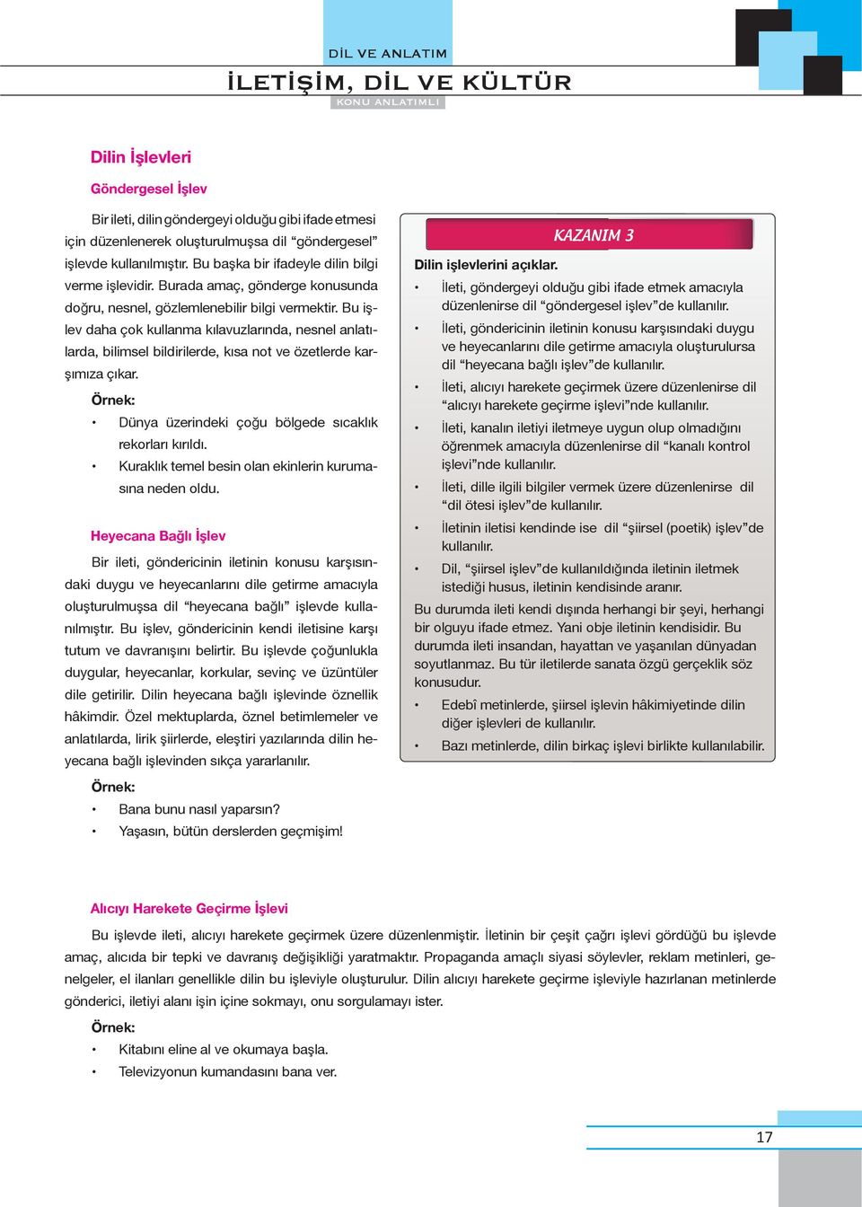 Bu işlev daha çok kullanma kılavuzlarında, nesnel anlatılarda, bilimsel bildirilerde, kısa not ve özetlerde karşımıza çıkar. Örnek: Dünya üzerindeki çoğu bölgede sıcaklık rekorları kırıldı.