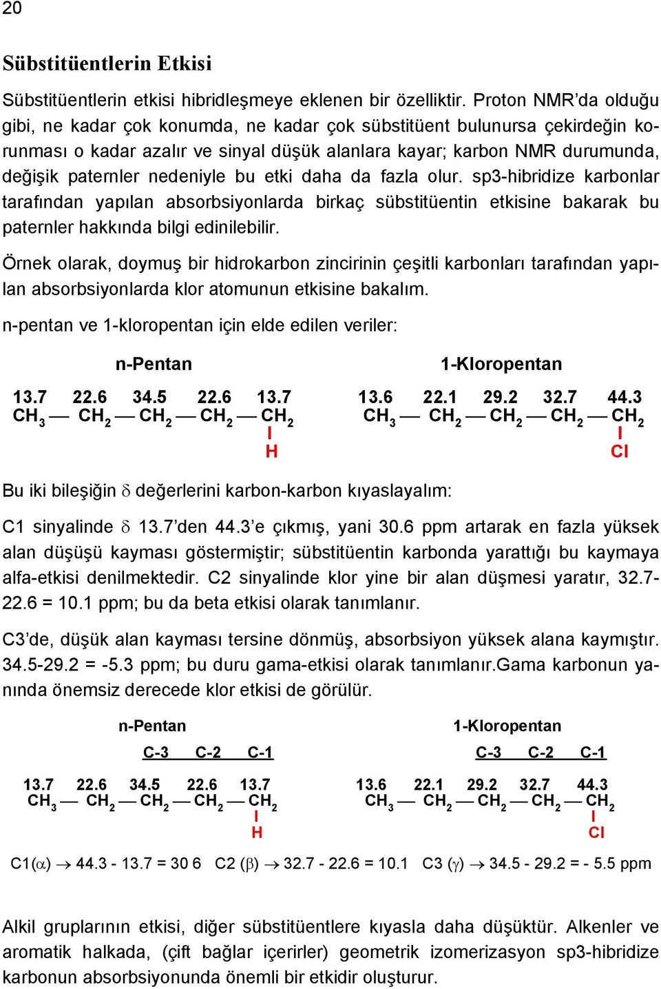 nedeniyle bu etki daha da fazla olur. sp3-hibridize karbonlar tarafından yapılan absorbsiyonlarda birkaç sübstitüentin etkisine bakarak bu paternler hakkında bilgi edinilebilir.