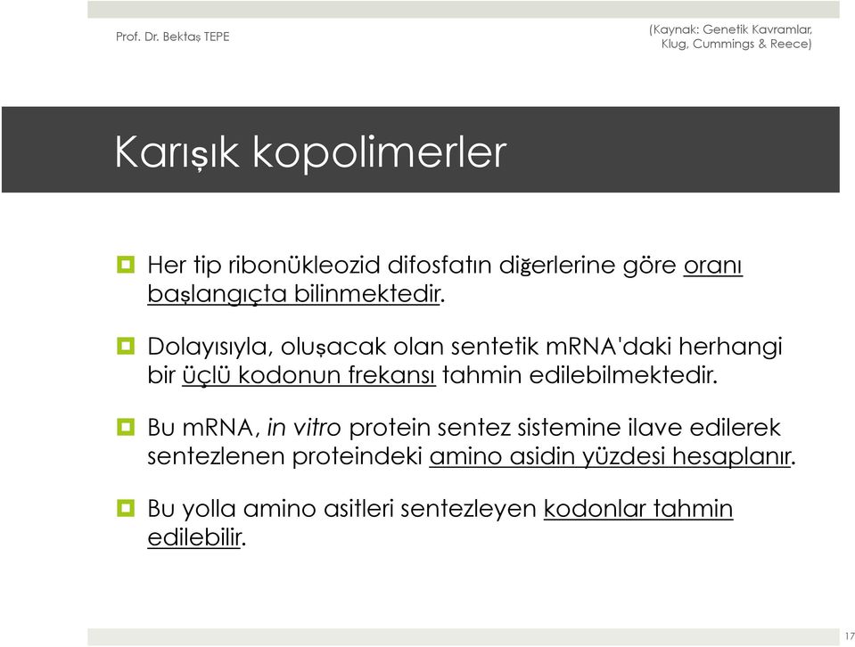 Dolayısıyla, oluşacak olan sentetik mrna'daki herhangi bir üçlü kodonun frekansı tahmin