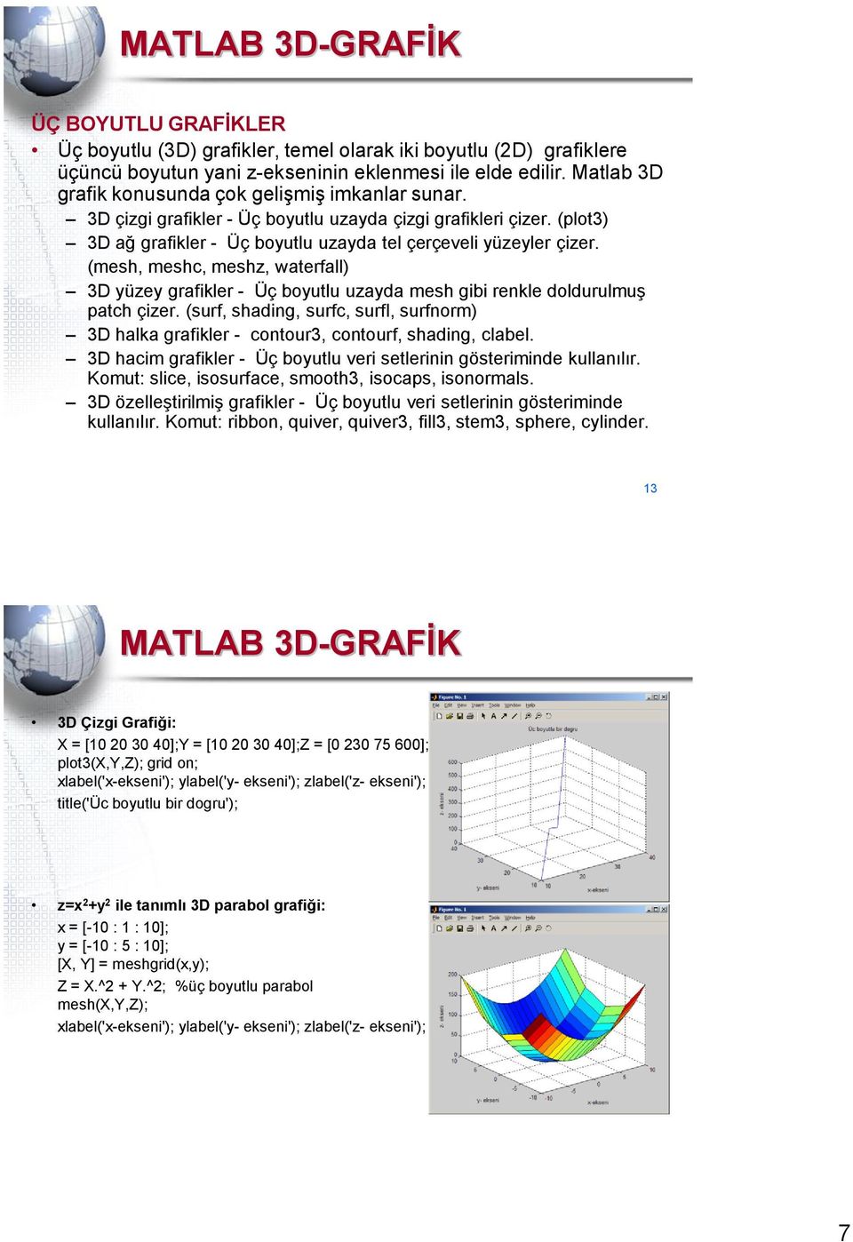 (mesh, meshc, meshz, waterfall) D yüzey grafikler - Üç boyutlu uzayda mesh gibi renkle doldurulmuş patch çizer.