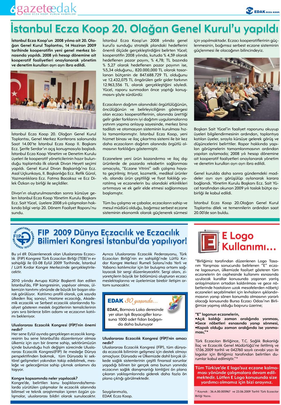 2008 yılı hesap dönemine ait kooperatif faaliyetleri onaylanarak yönetim ve denetim kurulları ayrı ayrı ibra edildi. İstanbul Ecza Koop 20.