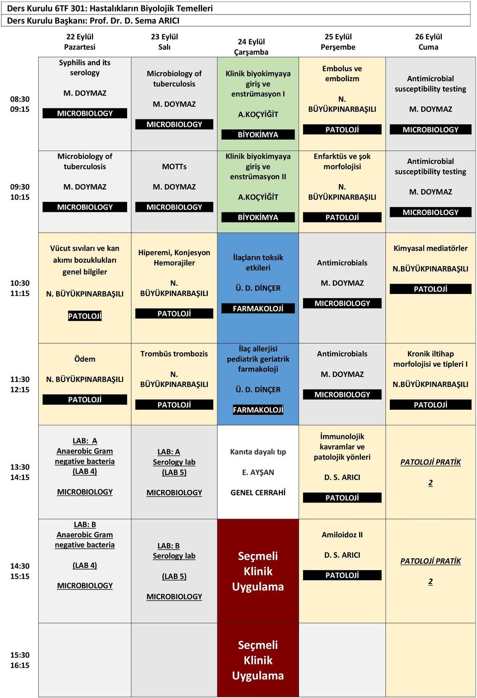 BÜYÜKPINARBAŞILI 26 Eylül Cuma Antimicrobial susceptibility testing Microbiology of tuberculosis MOTTs Klinik biyokimyaya giriş ve enstrümasyon II A.KOÇYİĞİT BİYOKİMYA Enfarktüs ve şok morfolojisi N.