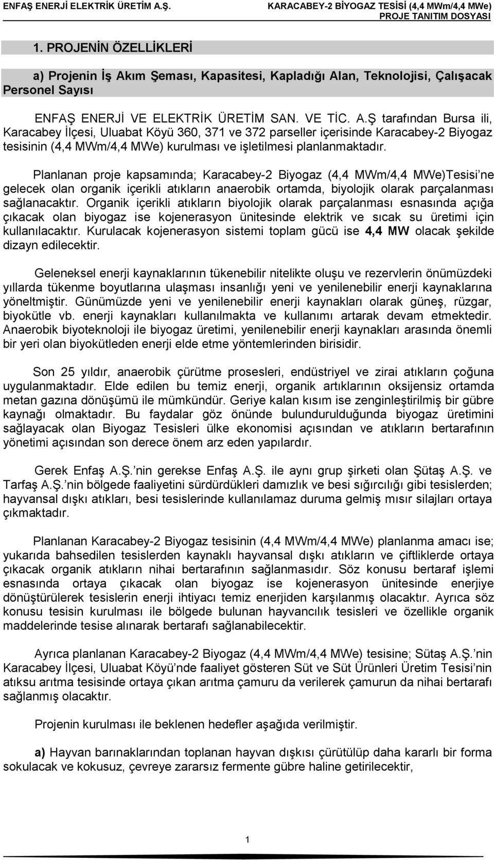 an, Teknolojisi, Çalışacak Personel Sayısı ENFAŞ ENERJİ VE ELEKTRİK ÜRETİM SAN. VE TİC. A.