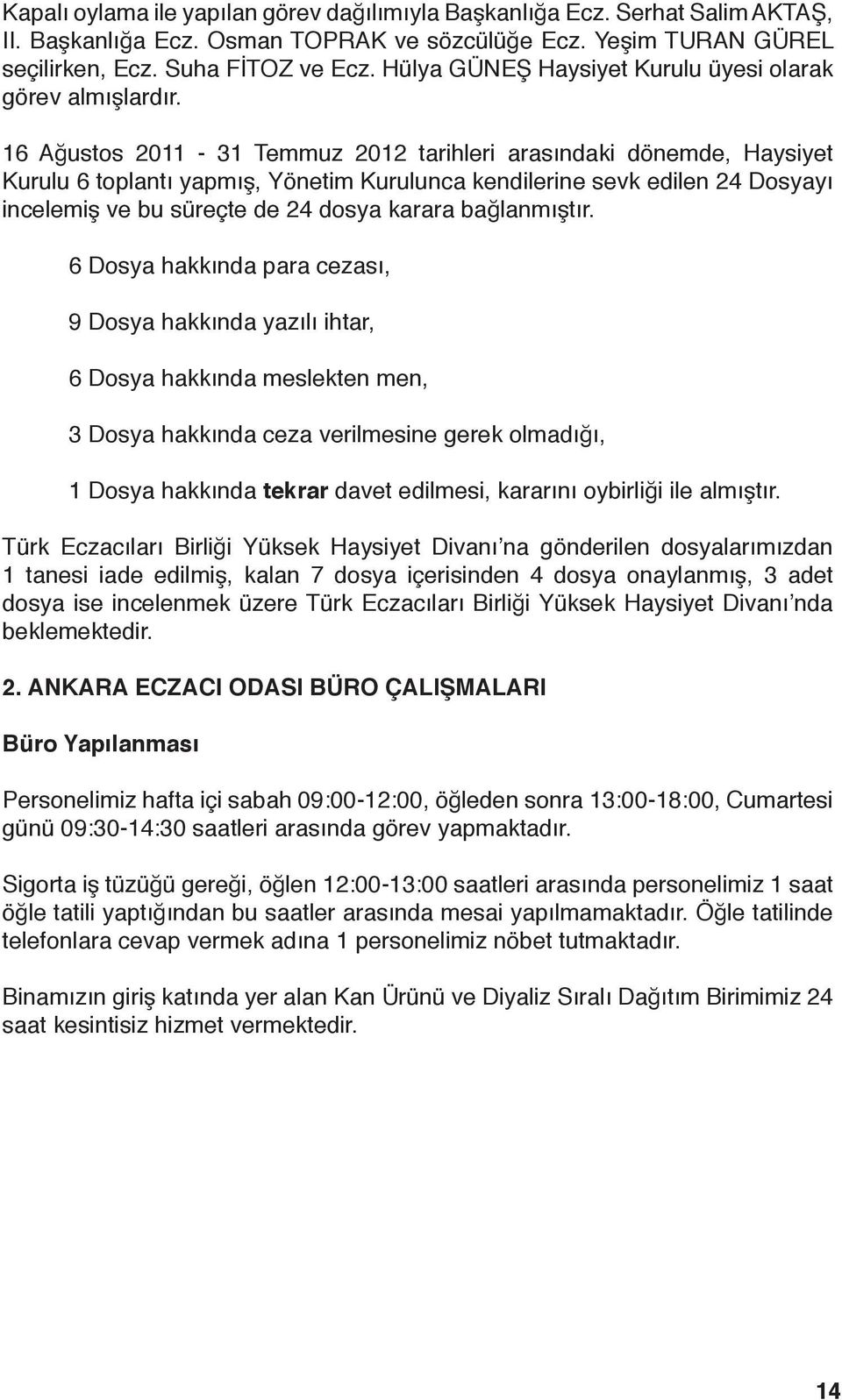 16 Ağustos 2011-31 Temmuz 2012 tarihleri arasındaki dönemde, Haysiyet Kurulu 6 toplantı yapmış, Yönetim Kurulunca kendilerine sevk edilen 24 Dosyayı incelemiş ve bu süreçte de 24 dosya karara