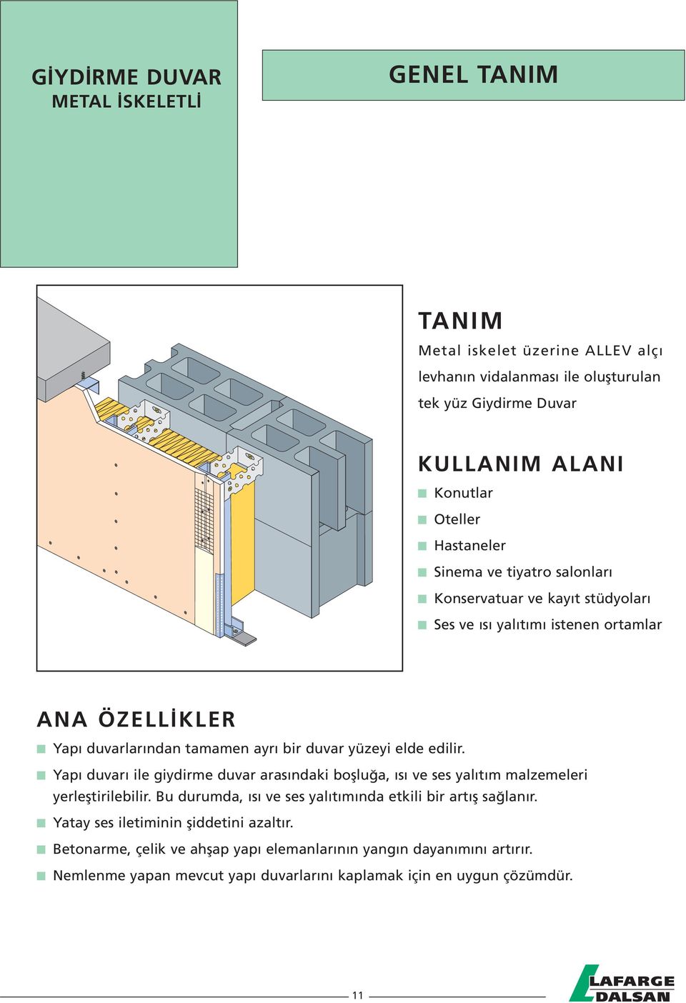 edilir. Yapı duvarı ile giydirme duvar arasındaki boşluğa, ısı ve ses yalıtım malzemeleri yerleştirilebilir. Bu durumda, ısı ve ses yalıtımında etkili bir artış sağlanır.