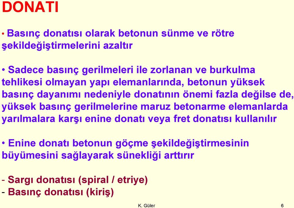 basınç gerilmelerine maruz betonarme elemanlarda yarılmalara karşı enine donatı veya fret donatısı kullanılır Enine donatı betonun