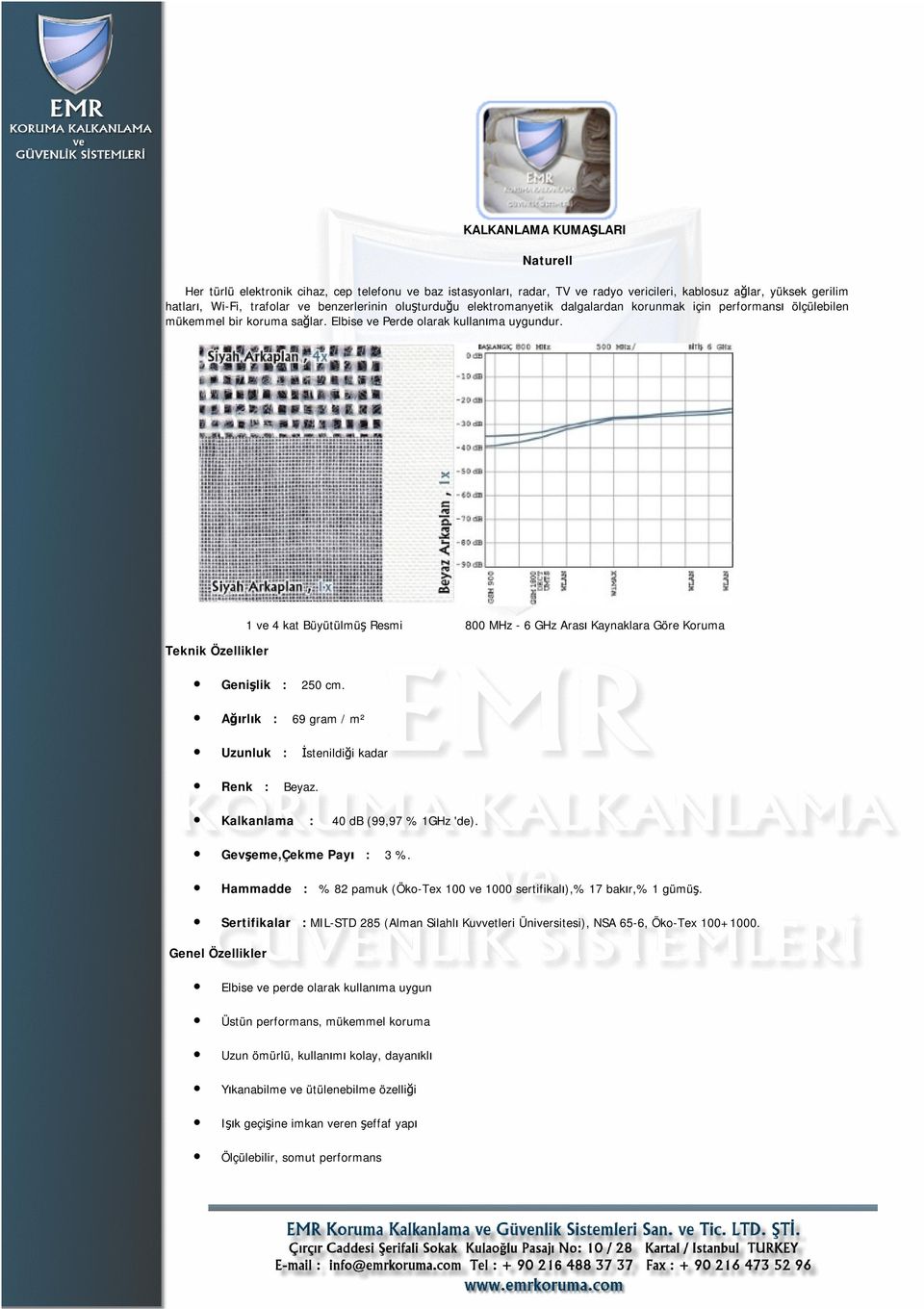 Teknik Özellikler 1 ve 4 kat Büyütülmüş Resmi 800 MHz - 6 GHz Arası Kaynaklara Göre Koruma Genişlik : 250 cm. Ağırlık : 69 gram / m² Uzunluk : İstenildiği kadar Renk : Beyaz.